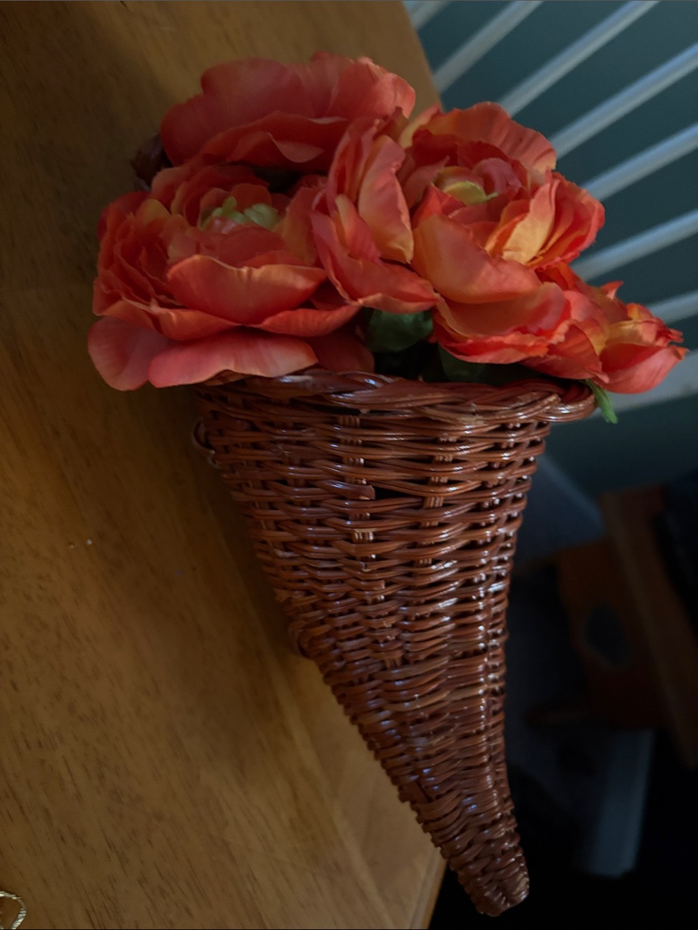 Coral Faux Peony Wicker Cornucopia Table Decor
